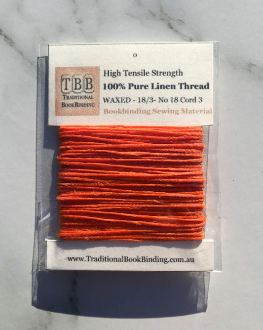 VERMILION ORANGE- 100% Pure Linen Thread- Waxed- 18/3 No.18 Cord 3- Approx 0.55mm thick