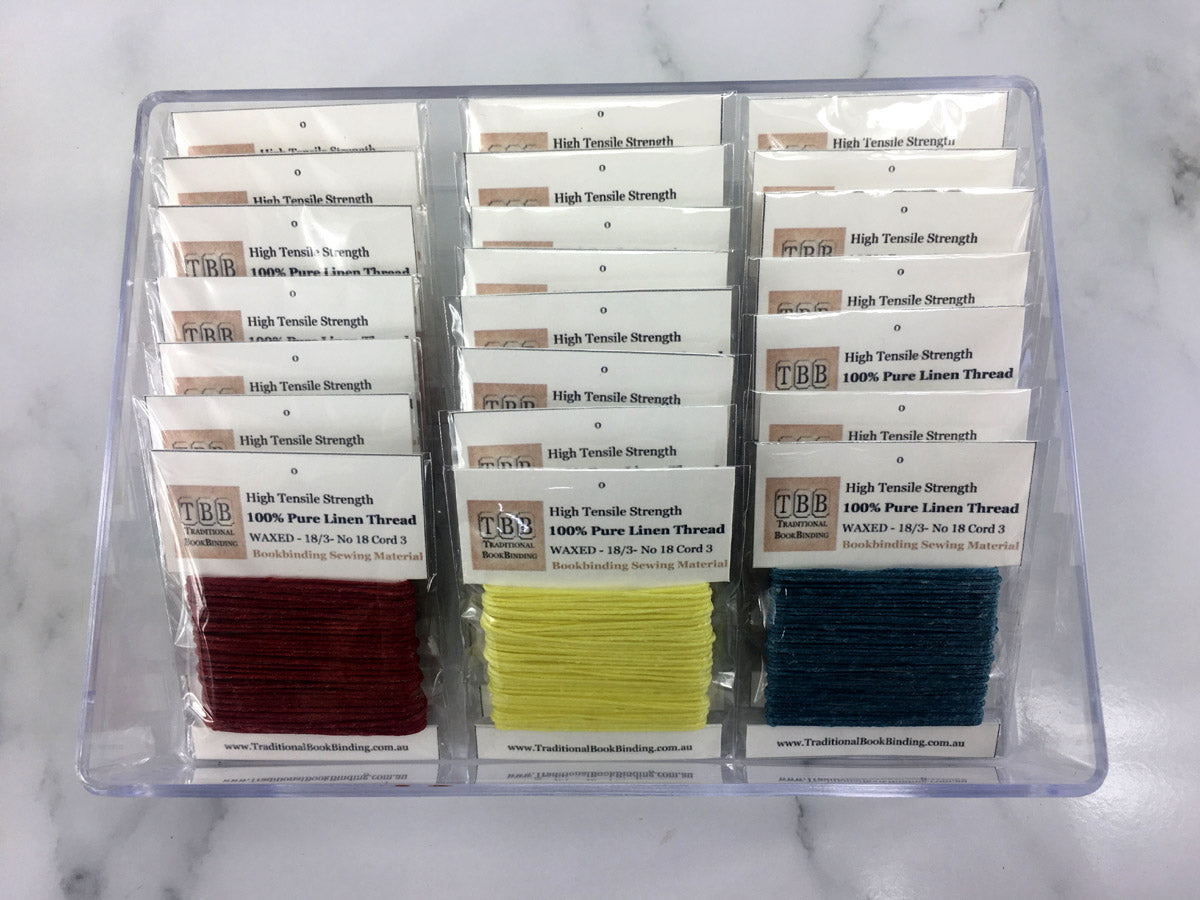Set of 22 colours with a clear perspex box-100% Pure Linen Thread- Waxed- 18/3 No.18  Cord 3- Approx 0.55mm thick